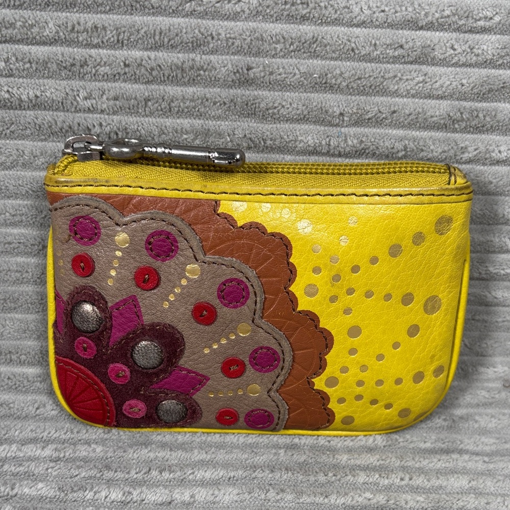 Fossil Yellow Floral Appliqué Leather Zip Pouch ID Holder